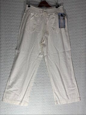 Women's Cream Wide-Leg Drawstring Smocked Waistband Beach Pants Linen/Rayon